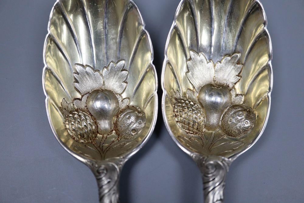 A pair of George II Scottish silver berry spoons, James Mitchell I, Edinburgh, 1754, 21.2cm, 4.5 oz.